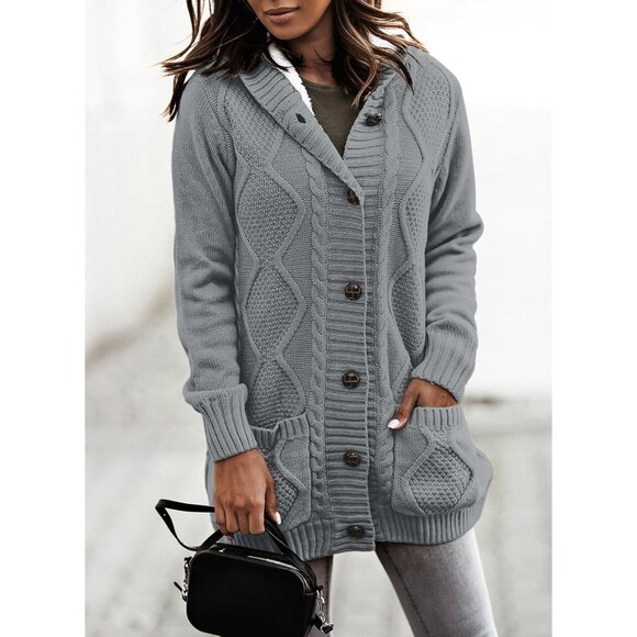 Women's Hooded Fleece Lined Cardigan Sweater Small Winter Coat with Pockets - Picture 3 of 7